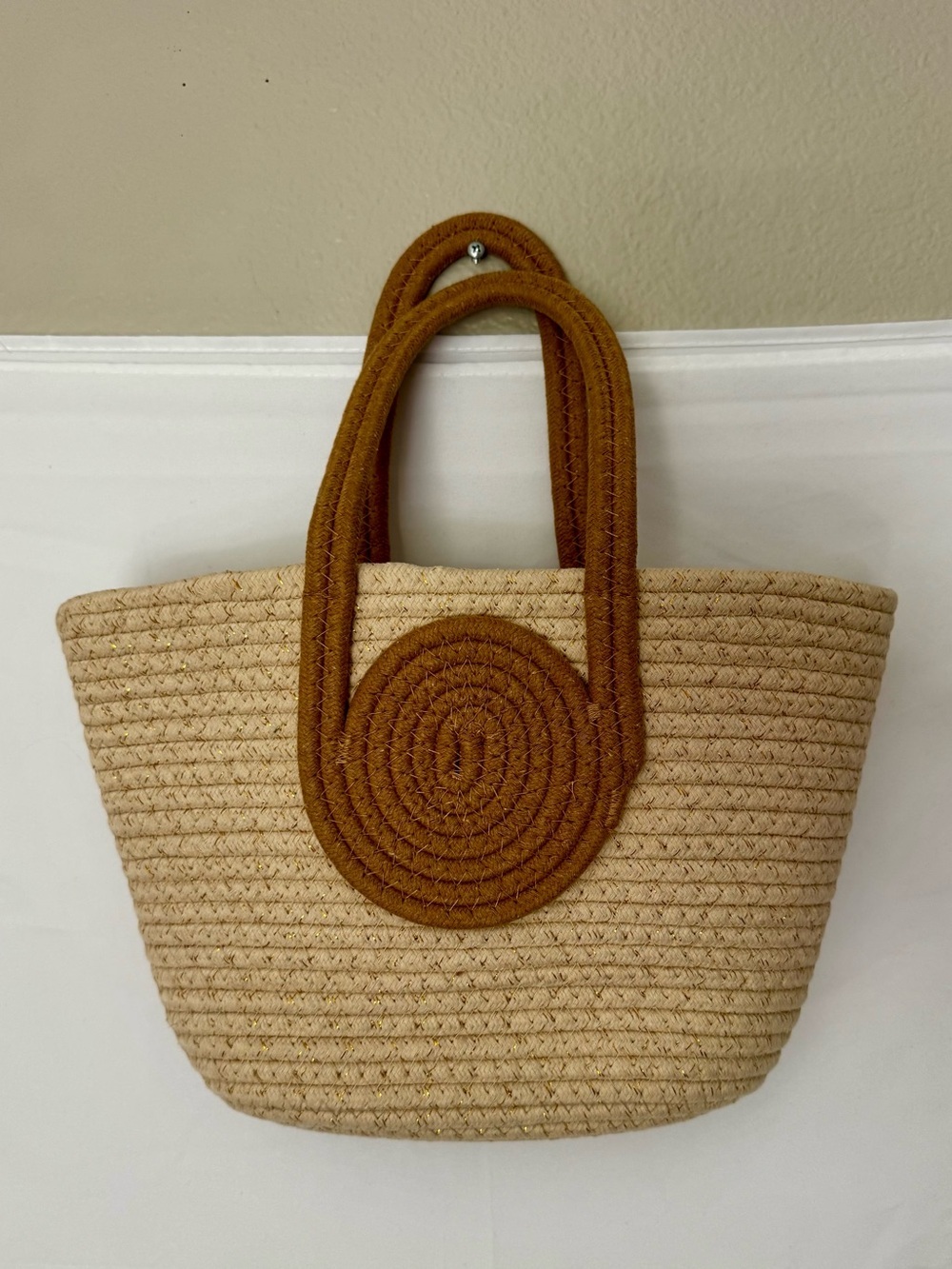 Unbranded Brand Woven Rope Tote Bag Cream Gold Metallic Caramel Handle Beach Bag